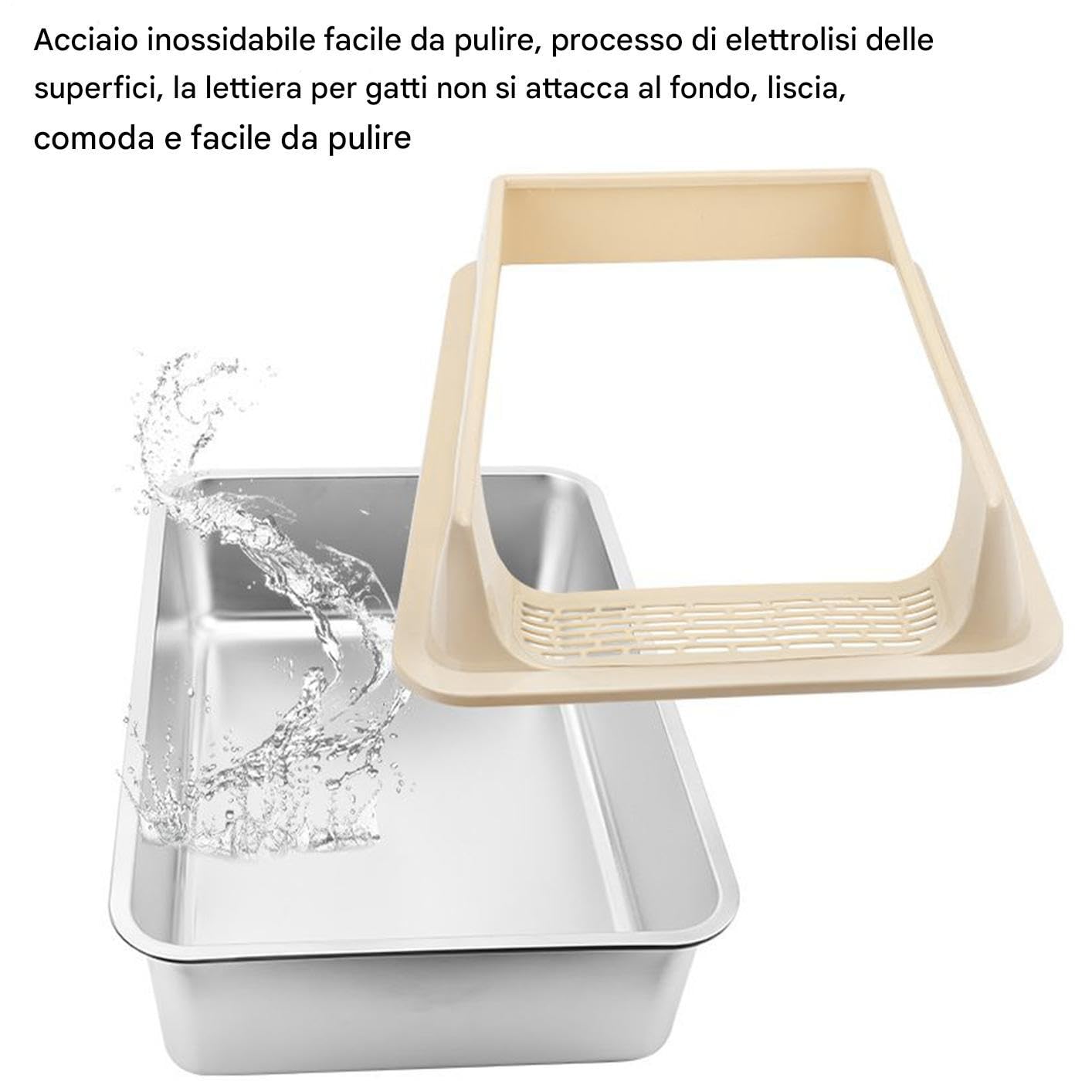 Cassetta Igienica per Gatti in Acciaio Inossidabile - Recinto con Bordi Alti per Lettiera - Vassoio con Fianchi Alti con, Toilette per Gattini per Casa, Appartamento, Salotto, Balcone, Cortile