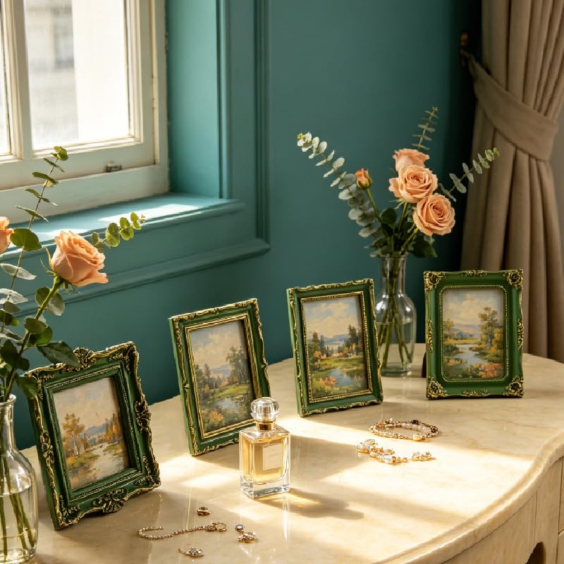 Image of Vintage Decorative Mini Picture Frames Set, Black with Gold Accents, 3 Pack Antique Style Resin Photo Frames for Wall Display, DIY Jewelry, Photography (Green)