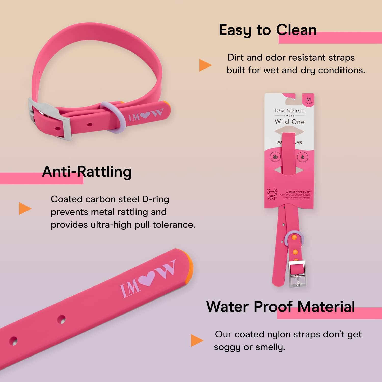 Wild One, Limited Edition, Designer Collection, Pink Dog Collar, Easy-Clean, All Weather Flex-Poly Strap with Metal, Durable, Dirt and Odor Resistant, Large