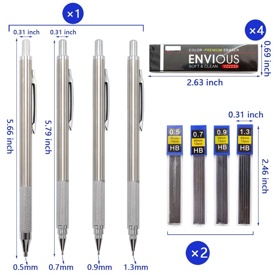 Ołówki, w pełni metalowe, mechaniczne, 0,5 mm/0,7 mm/0,9 mm/1,3 mm, automatyczne, do pisania, skanowania, artykuły papiernicze (czerwone) (czerwone)