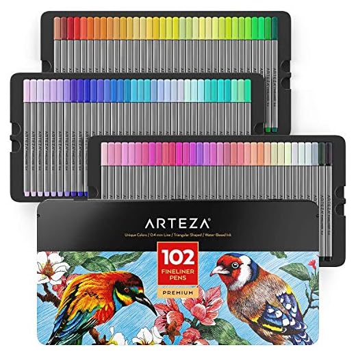 ARTEZA Estuche de rotuladores de punta fina | 102 colores | Puntas de 0,4 mm | Rotuladores finos ergonómicos | Estuche metálico resistente | Marcadores finos para colorear y dibujar con detalle