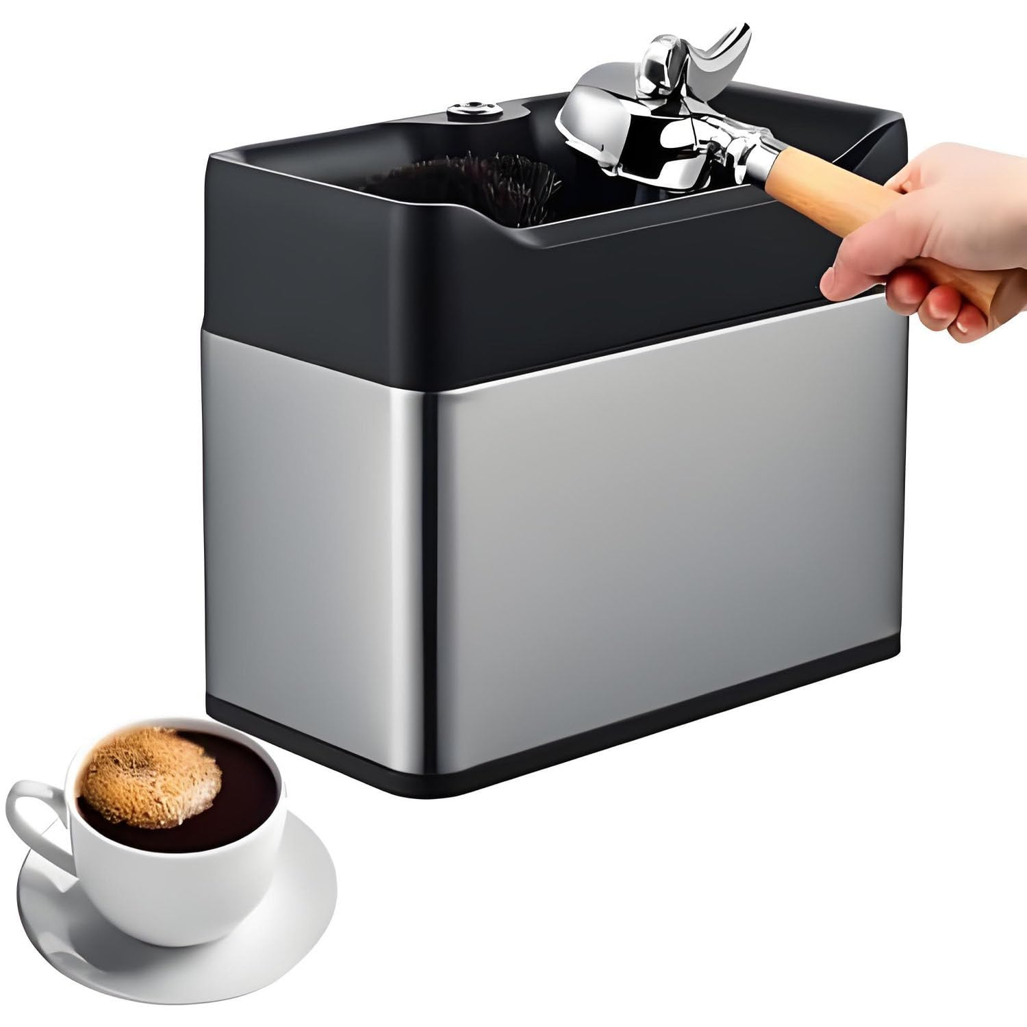 Nettoyeur de Porte-Filtre à café électrique, Nettoyeur de poignée de Marc de café, têtes de Brosse Doubles, Rotation 300/min, pour cafés domestiques ou commerciaux Silver