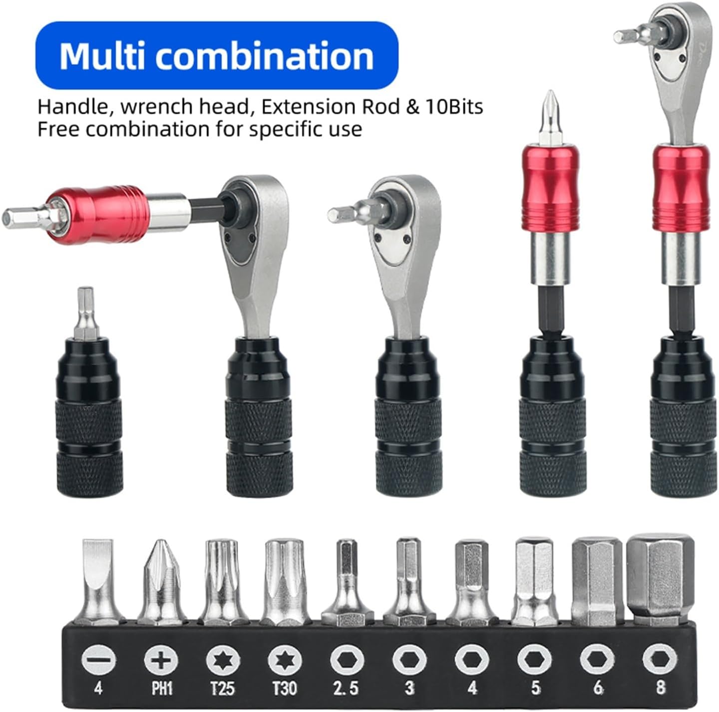 Compact Ratchet Dual Way Wrench Kit Tire Lever Tools W/ 10 Bits Bicycle Riding Quick Repair Accessories Tool Bag(Kit B-TT01-C4)
