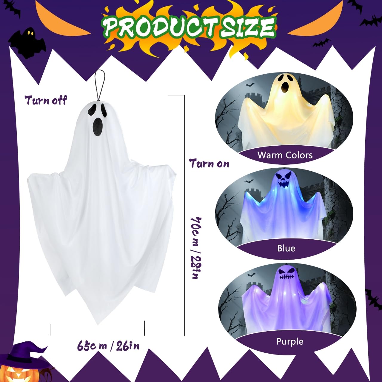 LUZOON Decorazione per Halloween, per esterni, Halloween, 3 pezzi, 65 x 70 cm, con luci a LED, fantasma, sacco a vento, decorazione da appendere per interni ed esterni, giardino horror