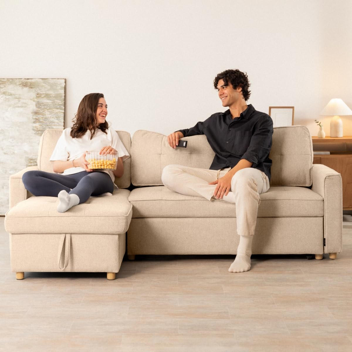 Nalui - Sofa Cama Chaise Longue Haven 213x129x81cm Reversible con Arcón de 127,6L. Sofa de Salon 3 Plazas Convertible en Cama de 122 x 190 cm. Incluye Bolsillos y Tejido 360º, Beige