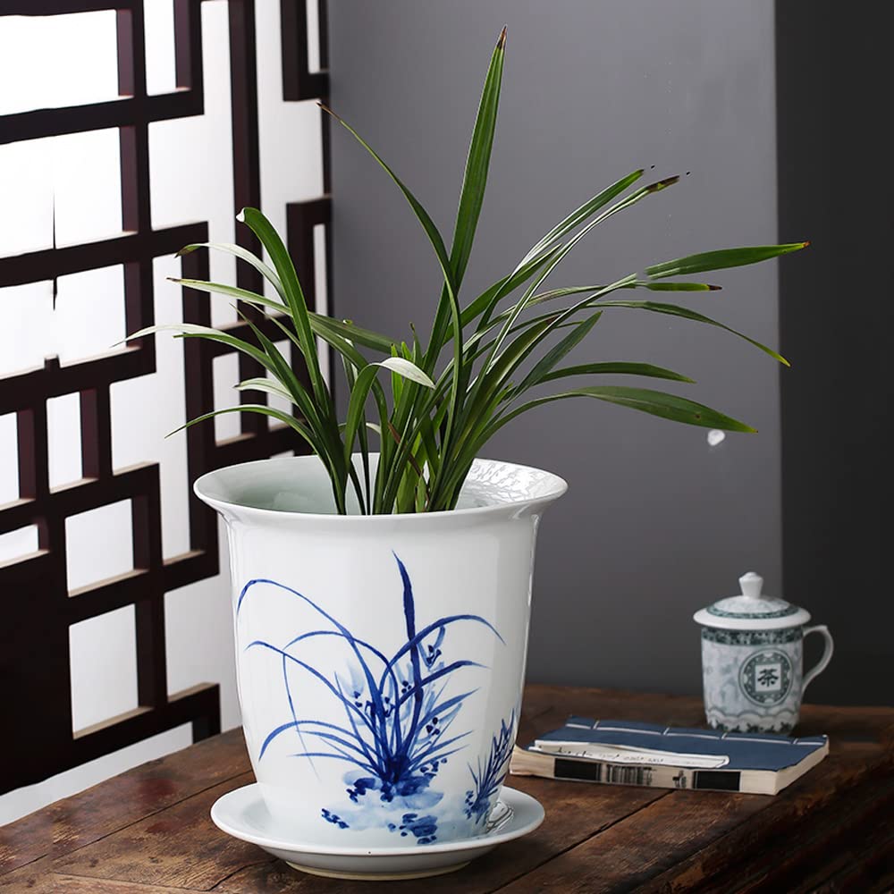 Doniczka ceramiczna Chińskie orientalne niebiesko-białe ceramiczne doniczki doniczkowe do wnętrz z porcelanowym spodkiem do ogrodu i wewnątrz, doniczka Chinoiserie