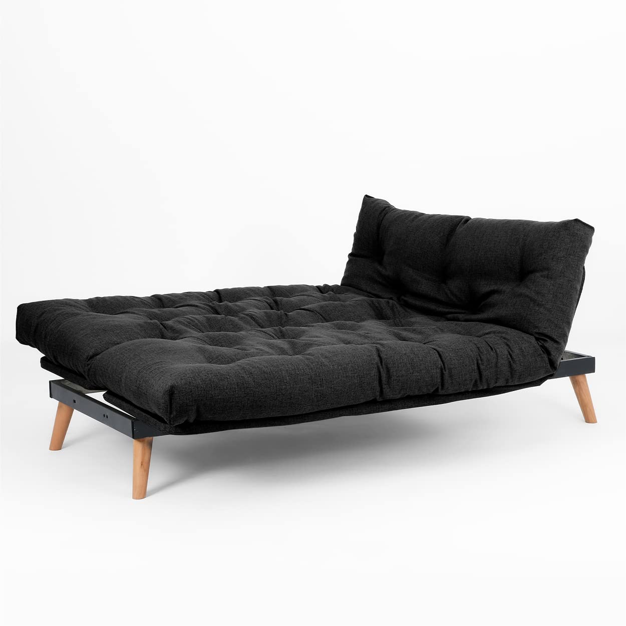 EVERGREENWEB Divano Letto 3 Posti con Materasso Futon Imbottito, Schienale e Testiera Reclinabile Clic Clac e Trasformabile in Comodo Letto una Piazza e Mezza, Tessuto Grigio Scuro Gambe in Legno SAKE
