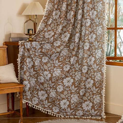 Linen Blend Hope Floral Curtains with Tassel 2 Panels -96