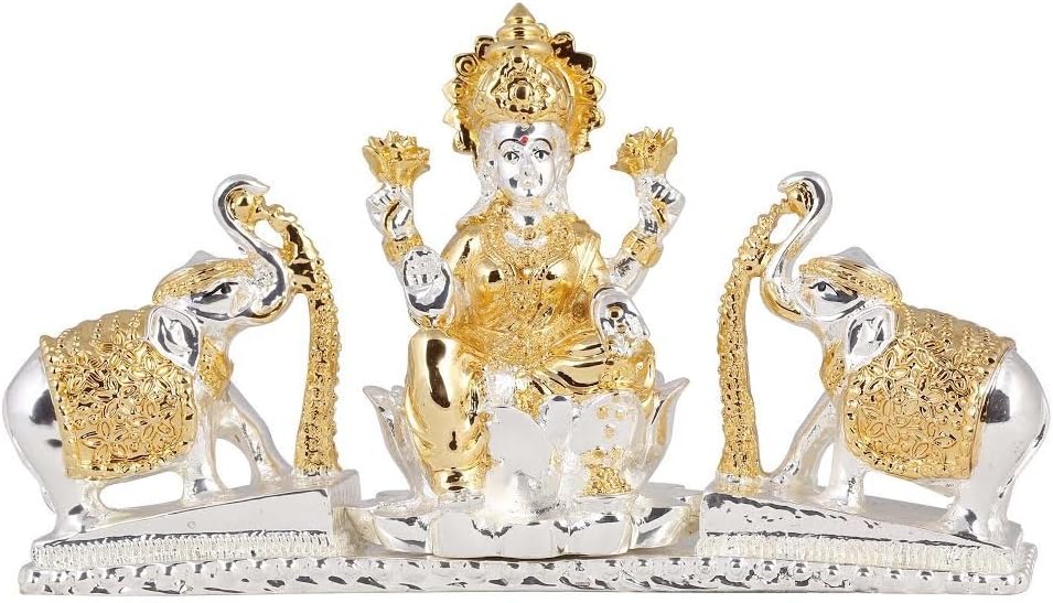 Siri Creations Silver Plated Lakshmi Idol with Elephants (Silver, L - 8 cm H - 8 cm W - 15 cm)