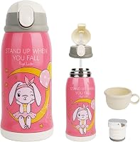 COZHYESS Gyermek Kulacs 550ml - Szívószálas, Szivárgásmentes Rozsdamentes Acél Ivópalack Nyuszis Rózsaszín Dizájnnal - Iskolába, Óvodába, Ki 8