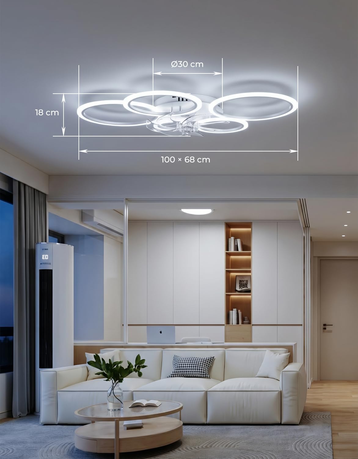 Lampara Ventilador Techo Led Compatible con Alexa, Google Assistant, Anillo Ventiladores de Techo con Luz Silencioso, Regulable, 6 Velocidades, Motor DC, Modo Verano/Invierno