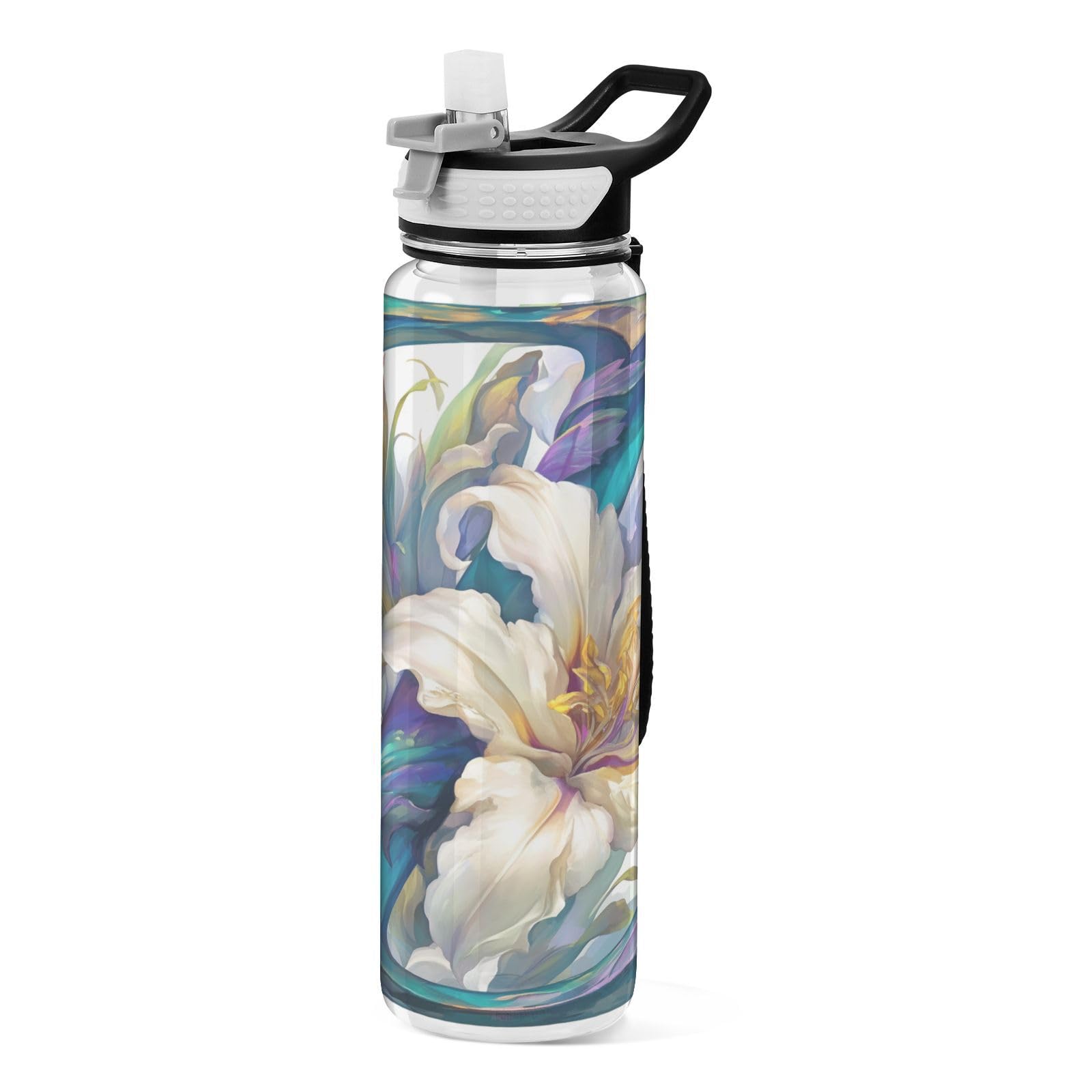 Gourde de camping et travail motif floral lys blanc avec paille réutilisable