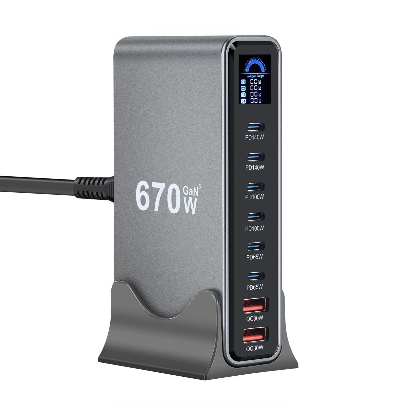 Station de charge USB de bureau avec écran LCD intelligent 540 W/670 W - Station de charge rapide USB pour tablette, smartphone, écran LCD, plusieurs ports, appareil rapide