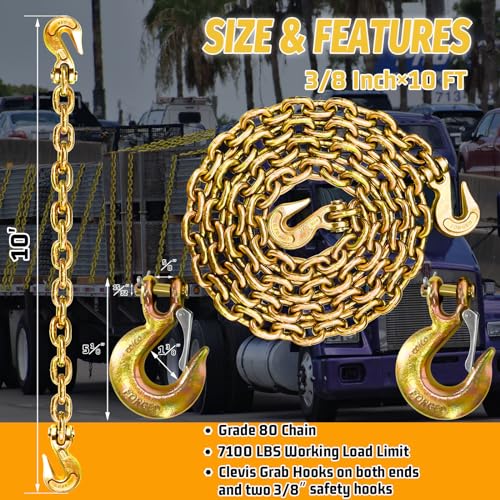 SENKEYFE 3/8" Transport Binder Chain-G80 Tow Chain with G70 Safety and Grab Hooks|7100 lbs Working Load|10 Foot Trailer Safety Log Chain with Heavy Duty|Truck Tie Down Equipment（2 Types of Hooks） by SENKEYFE - Image 2
