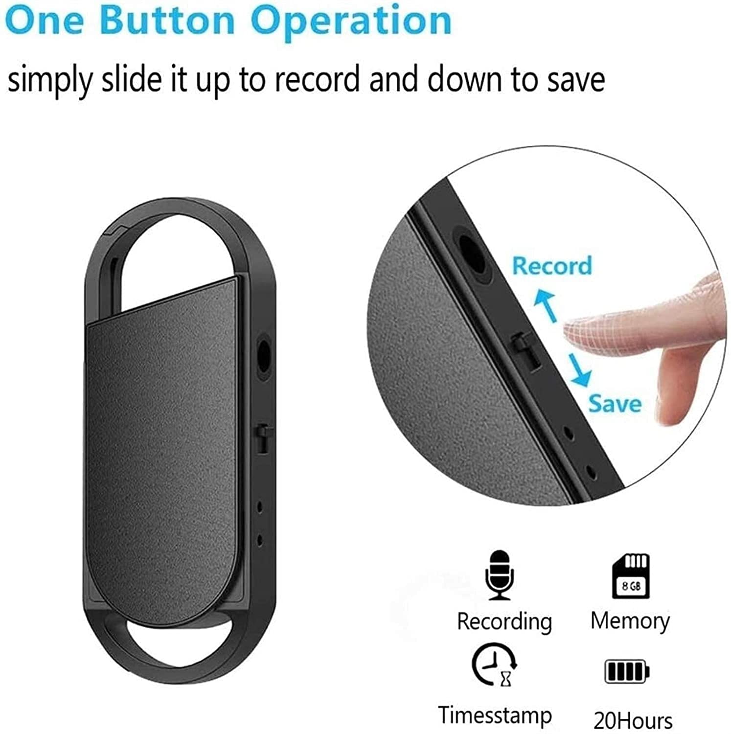 Llavero Grabadora de Voz, grabadora de Audio Recargable de 32 GB con reproducción y Auricular, Mini Cinta portátil dictáfono con reducción de Ruido Inteligente, USB