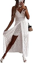 Sommerkleid Damen V Ausschnitt Floral Spitze Quasten Spaghetti Trägerkleid Freizeitkleider Hi-Low Party Boho Beach Maxi Dress, XS-3XL