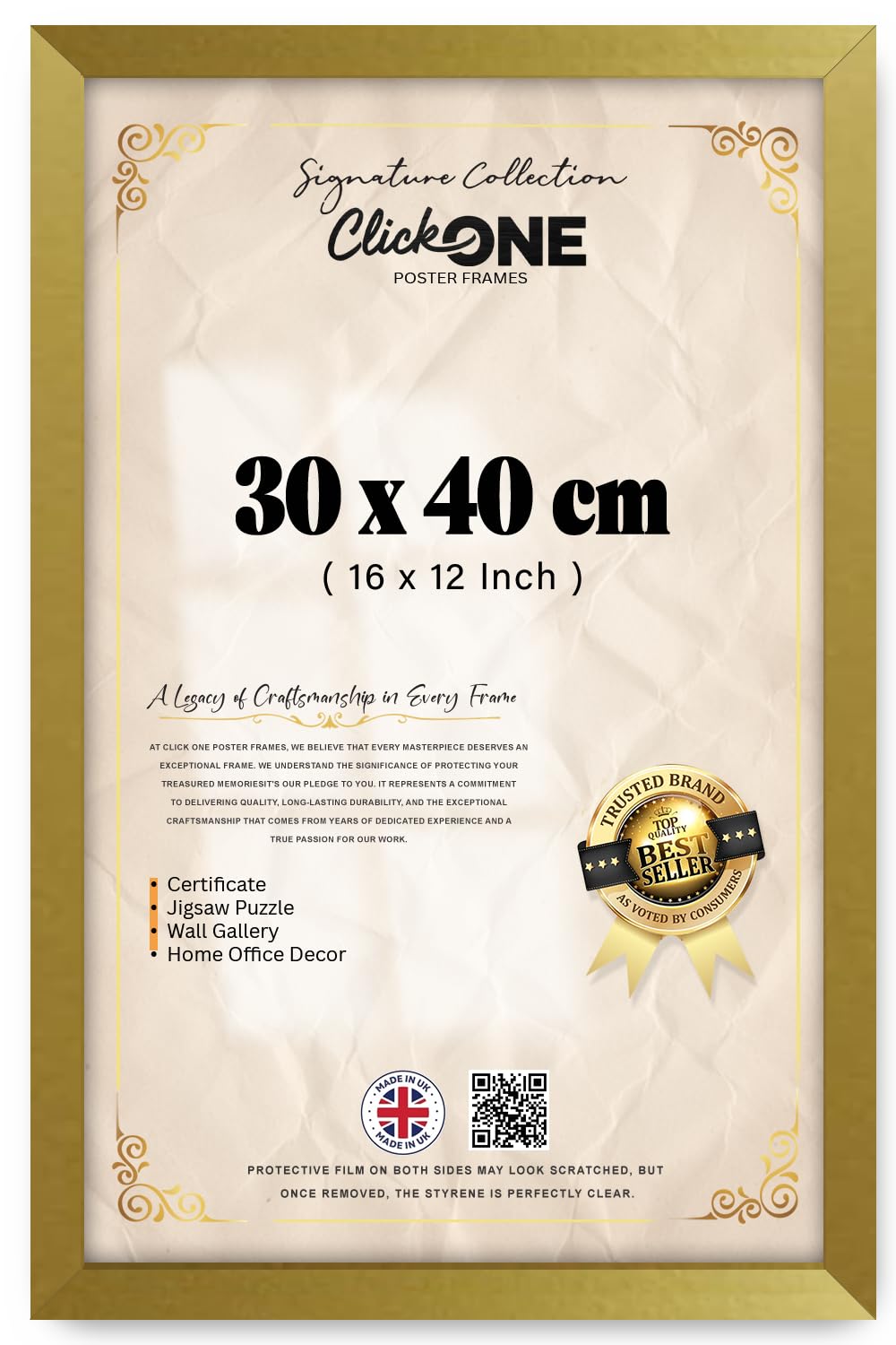 Click One Plain Gold Photo Frame 40 x 30 cm Poster Display with UV Protection Acrylic Hanging Hardware for Wall Mounting Display Picture Vertically or Horizontally MDF backboard
