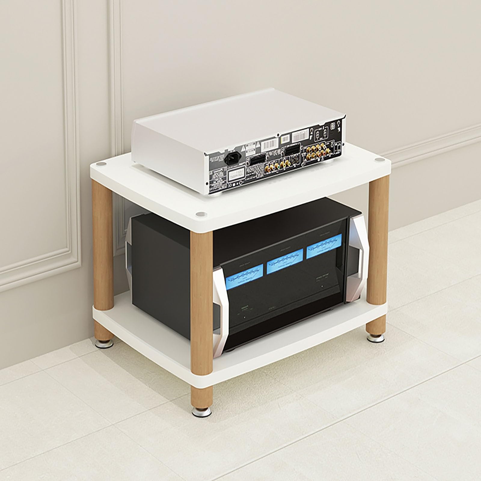Étagère audio ouverte d'angle blanche contre la surchauffe des appareils multimédias de salon