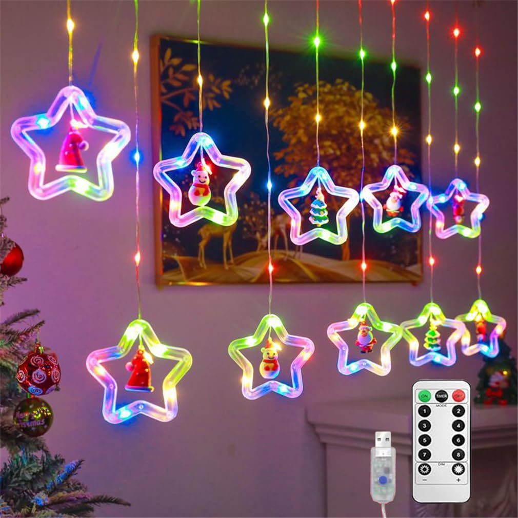 HADAVAKA Christmas Window Led Lights, Curtain Fairy Lights, with Remote Control, USB Powered, 8 Lighting Modes, Suitable for Xmas Party Bedroom Window Wall Decoration (Colour,Star)