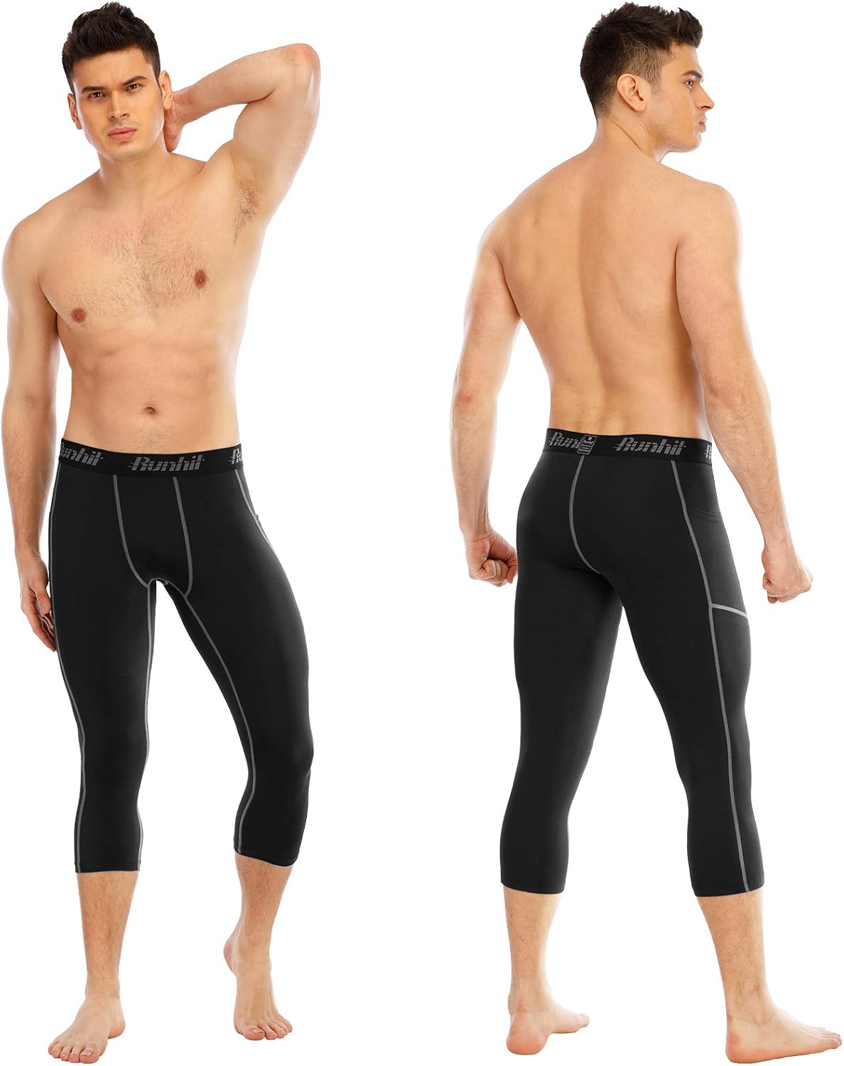 Runhit 3/4 Men's Compression Pants with Pockets,Workout Athletic Tights Leggings Athletic Base Layer Underwear - Image 2