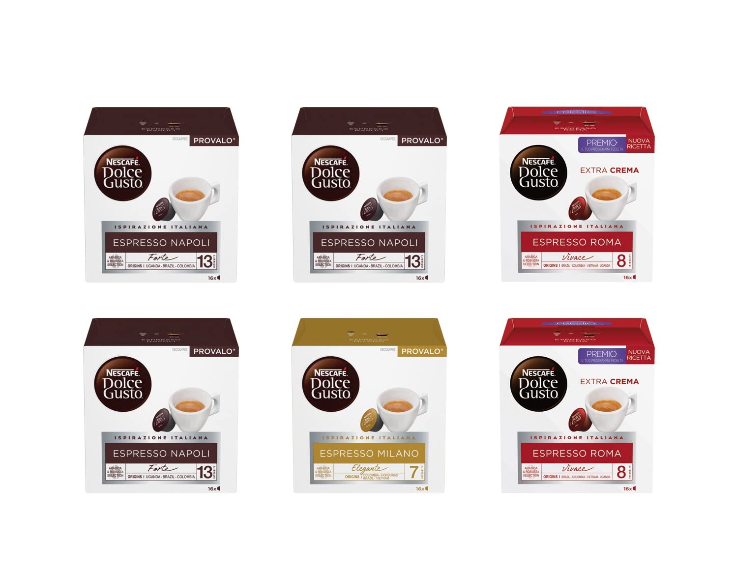 Nescafé Dolce Gusto Kit de dégustation de café Espresso Naples, Espresso Roma et Espresso Milan, 6 boîtes de 16 capsules (96 capsules)