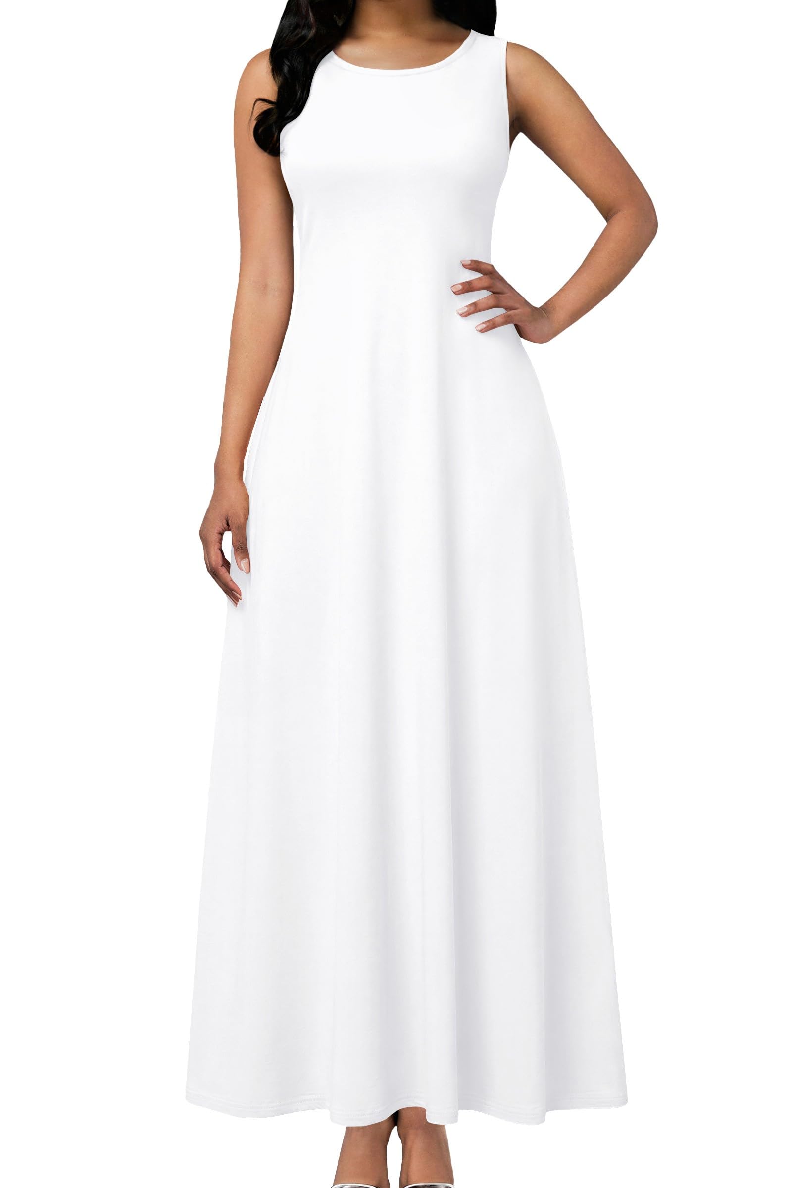 FANDEE Womens Maxi Dress Sleeveless Strap Crew Neck Dress with Pockets Pull On Long Casual Maxi Dress for