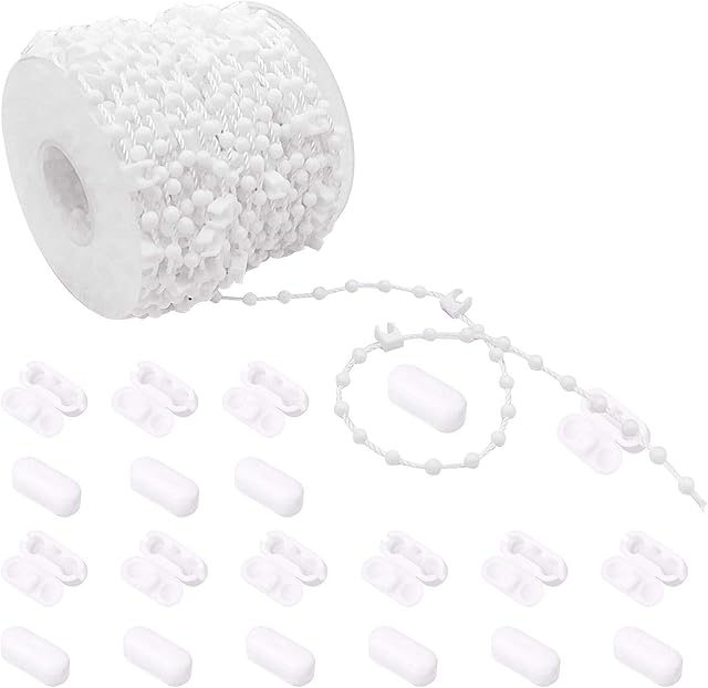 LucyStudio Vertical Blinds Bottom Chain 20m White Beaded Bottom Chain 200 Clips with 20pcs Plastic Chain Connectors Spares for 89 mm Slats