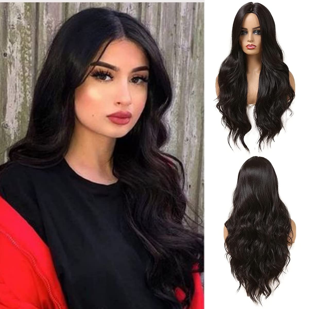 Long Curly Wavy Black Wigs for Women Middle Part Natural Looking Cosplay Synthetic Fiber Wig Heat Resistant Replacement Wig