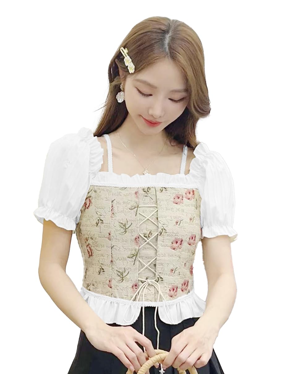 icw Women Korean Retro Style Vintage Floral Jacquard Lace-Up Off-The-Shoulder Smock Half Puff Sleeve Ruffled Crop Blouse Corset Top Dn956 (Fit to XS-S)-picture-33