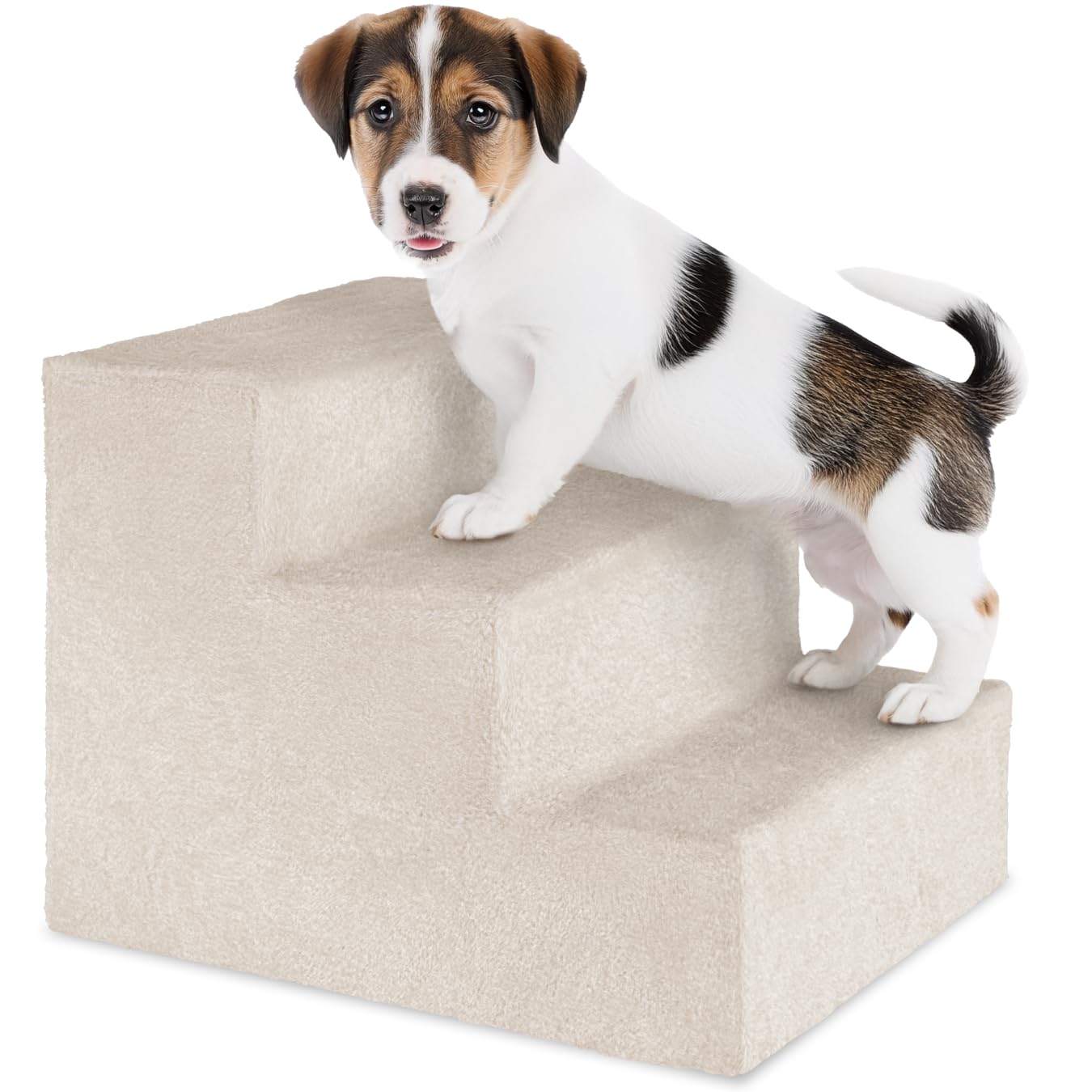 tectake® Hundetreppe oder Katzentreppe, Haustiertreppe, Einstiegshilfe mit waschbarem Bezug, extra Flache Treppenstufen, Tiertreppe für Sofa, Bett oder Auto (Sand, 37 x 45 x 34,5 cm, 3)
