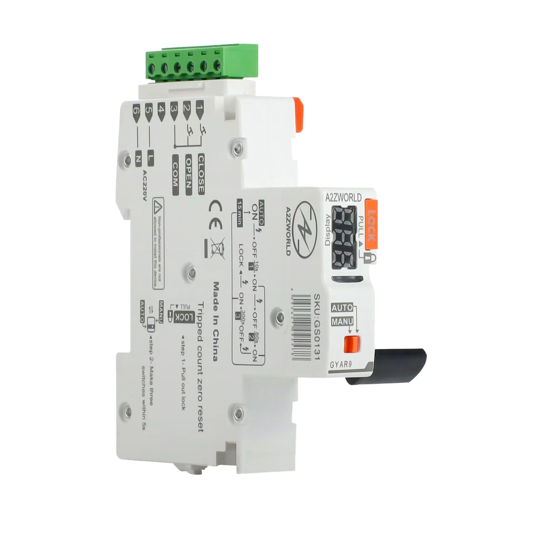 Interruttore Magnetotermico Differenziale Con Riarmo Automatico, RCBO Tipo AC Curva C, Idn 30mA / 0.03A, In 25A, 1P+N 6kA, 3 Moduli, con 3 Tentativi di Riarmo (10s/60s/300s)