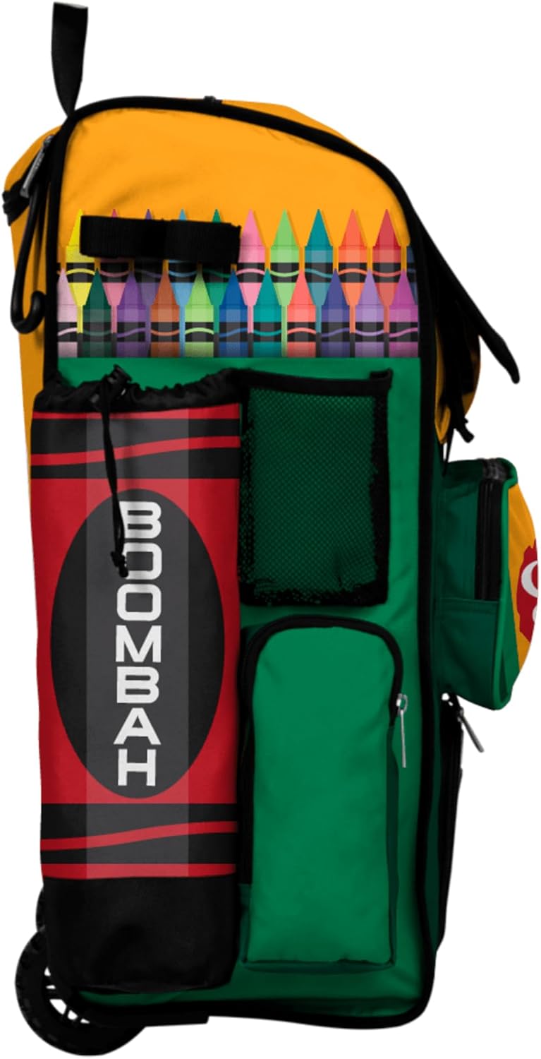 Boombah Rolling Superpack Baseball/Softball Gear Bag - Telescopic Handle - Holds 4 Bats - Wheeled Version - Crayons Multi