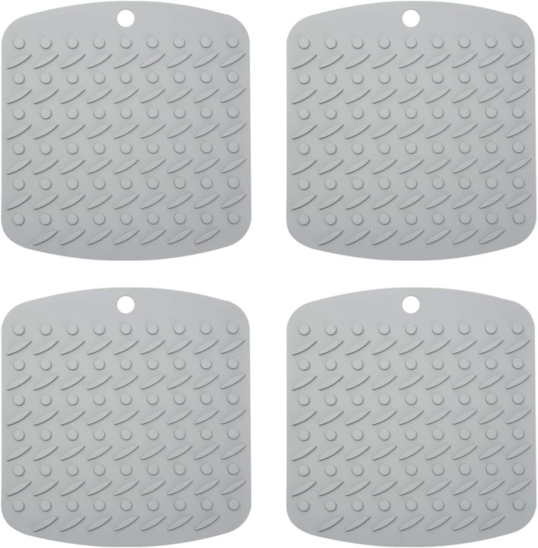 Silicone Trivet Mat Hot Pot Holders Hot Pads for Kitchen Non-Slip Heat Resistant Jar Opener Spoon Rest Garlic Peeler Potholders 4 Pack 7''x7 Grey Modern Kitchen Tool