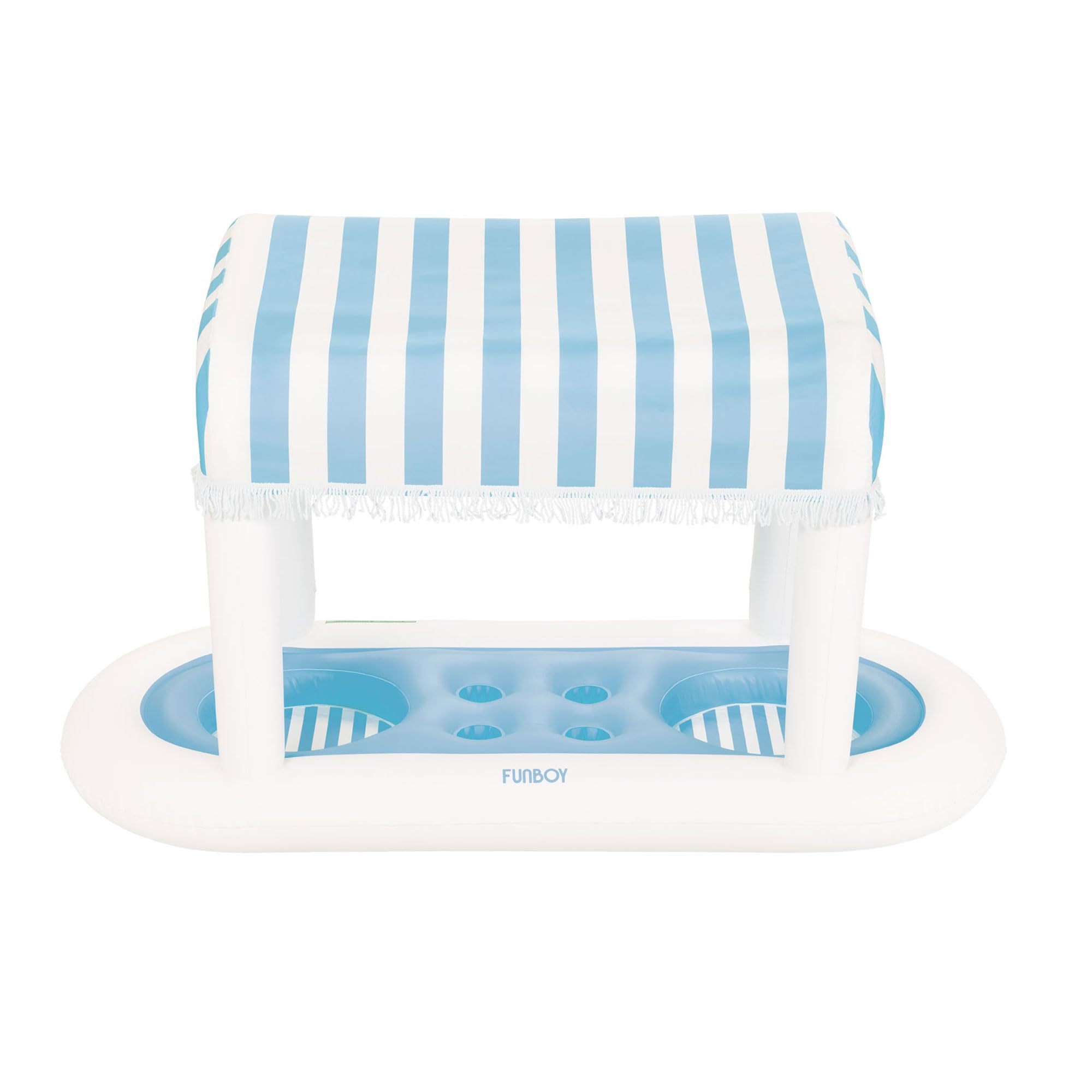 FUNBOYGiant Floating Light Blue Cabana Stripe Drink Station, Removable Fabric Shade with Fringe, Perfect for Parties, Table-Top Decorations and in-Pool Refreshments.