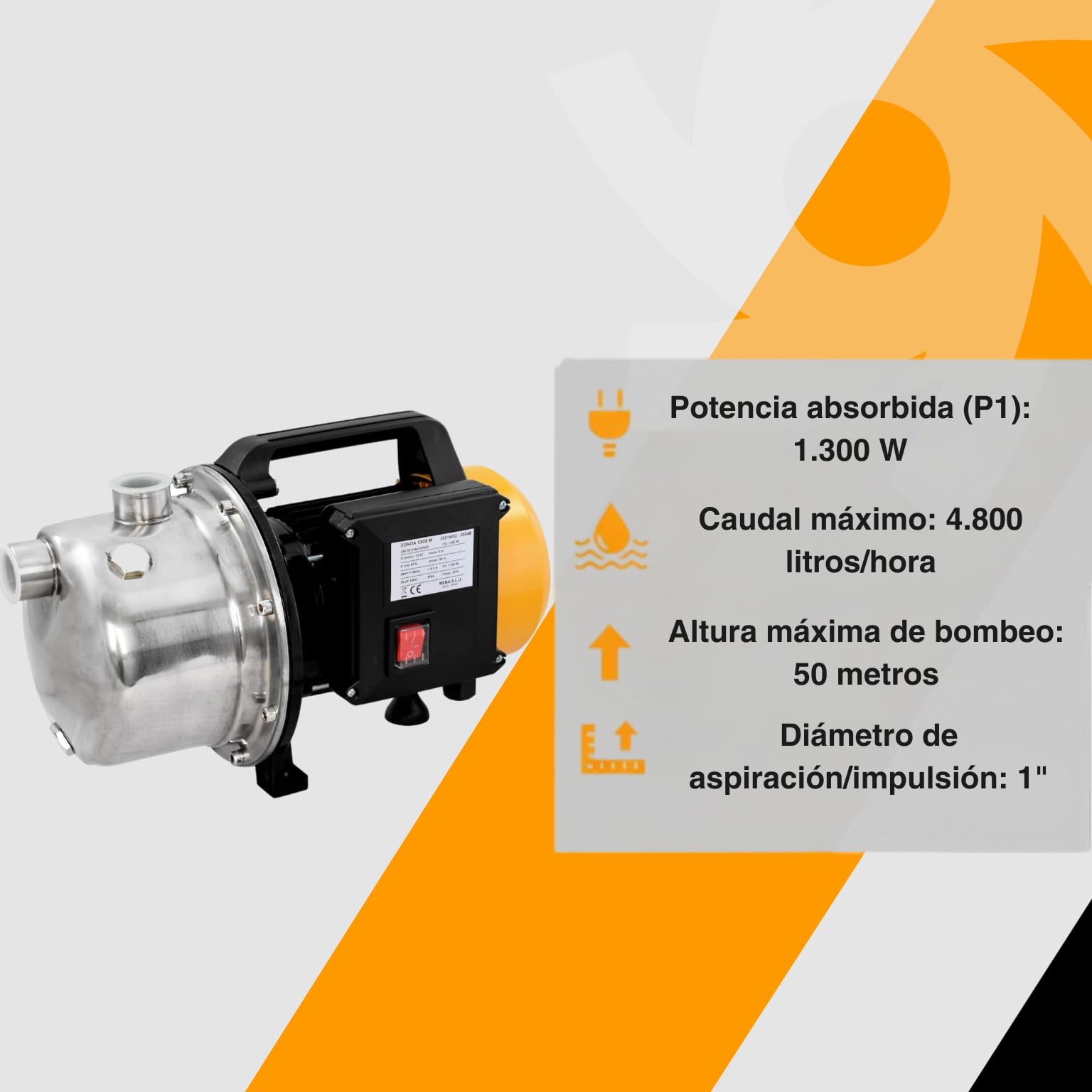 ESPA LEADER Bomba de Superficie ZONDA 130S M, 1300 W, Caudal Máx 4.800 l/h, Altura 50 m, para Bombeo de Aguas Limpias, Riego por Apersión, Goteo y Equipos de Presión, Acero Inoxidable