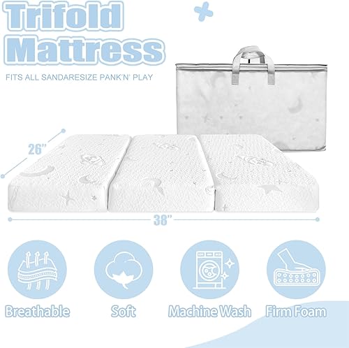 Miniatura 3 de Colchón de triple pliegue Pack and Play, colchón de espuma viscoelástica de 38 x 26 pulgadas y espuma de alta densidad para Pack N Play, colchón