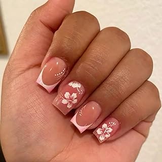 Ceboic Pink French Press on Nails, 24 Stück Künstliche Nägel Zum Aufkleben Eckig Kurz, Weiße Blumen Acryl Full Cover Falsche Nägel, Square Natürlich Fingernägel Fake Nails für Frauen