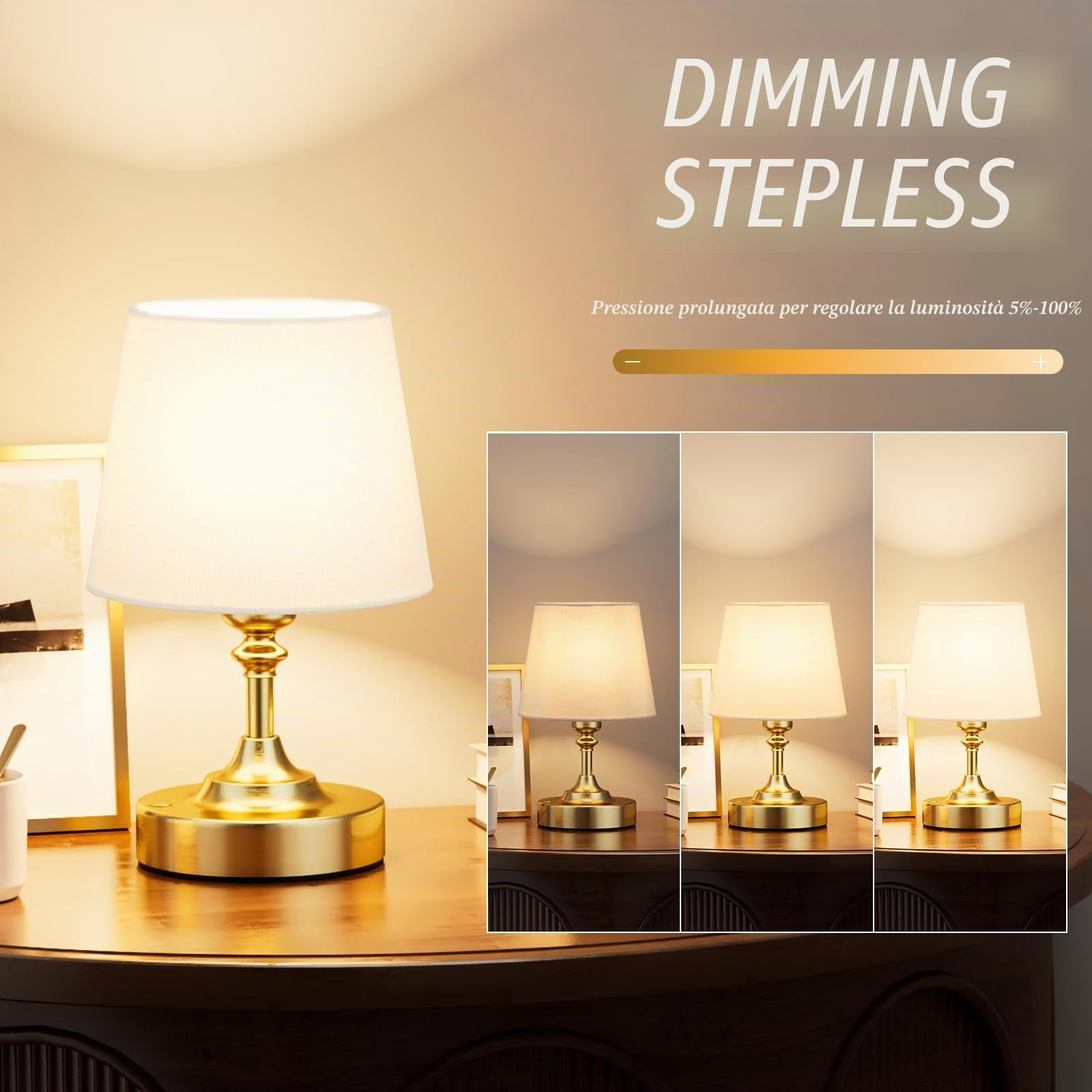 Piccolo Lampada da Tavolo LED Senza Fili, Batteria Ricaricabile, Dimmerabile, Paralume in Lino Bianco, Lampada da Comodino LED per Camera da letto, Sala da Pranzo, Soggiorno, Deco(Ottone)