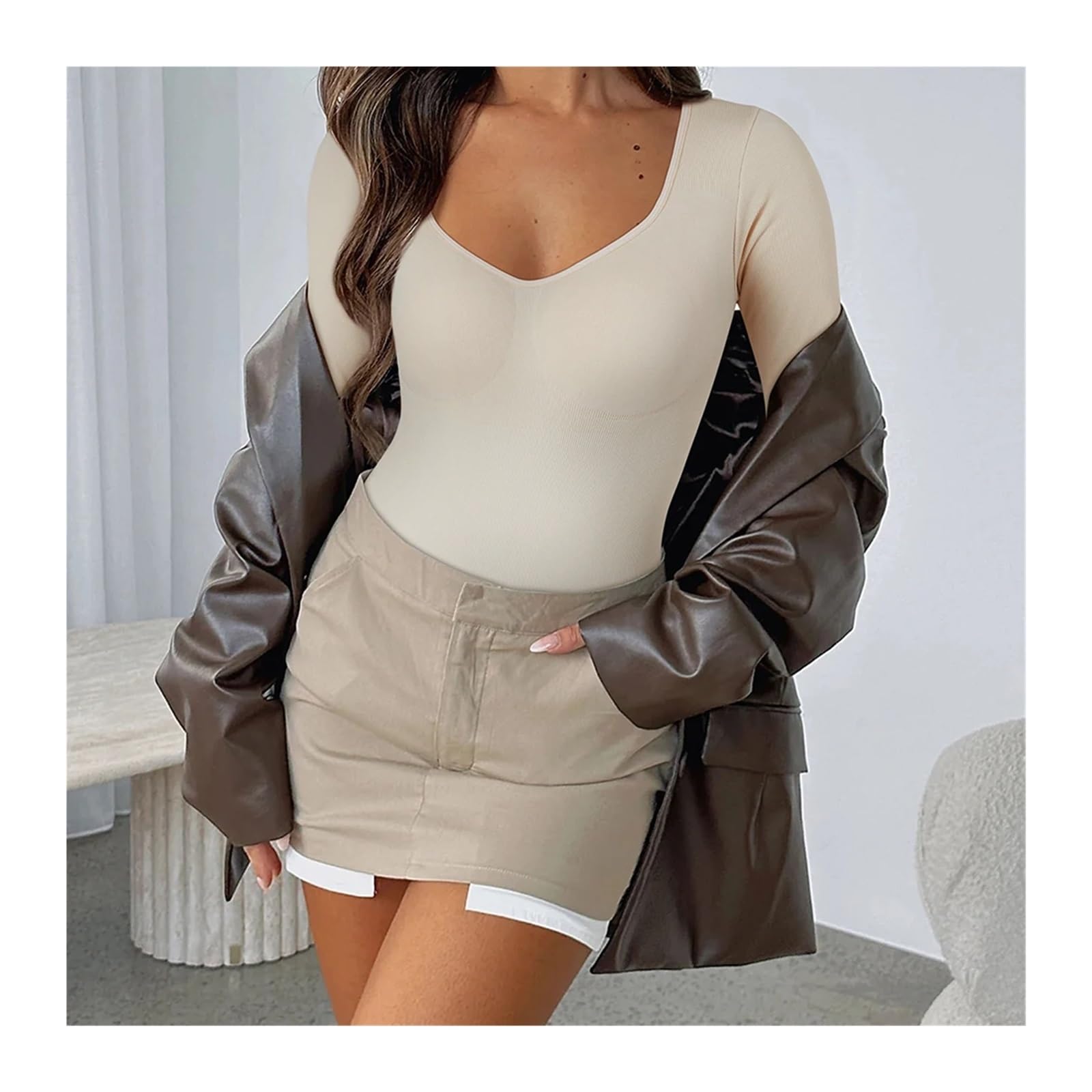 Body de Invierno de Manga Larga con Cuello en V para Mujer, Mono Moldeador, Body Ajustado (Negro M)