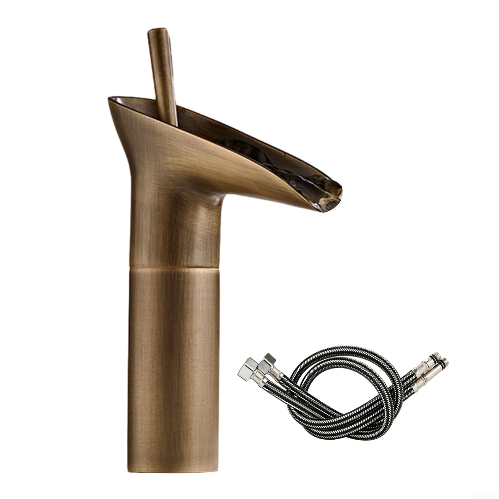 Copper Waterfall Faucet – Retro Bathroom Tap in Antique Brass Effect, Vintage Basin Faucet for Countertop Mount, Hot/Cold Mixer, 32–35mm Installation(Gold Short)