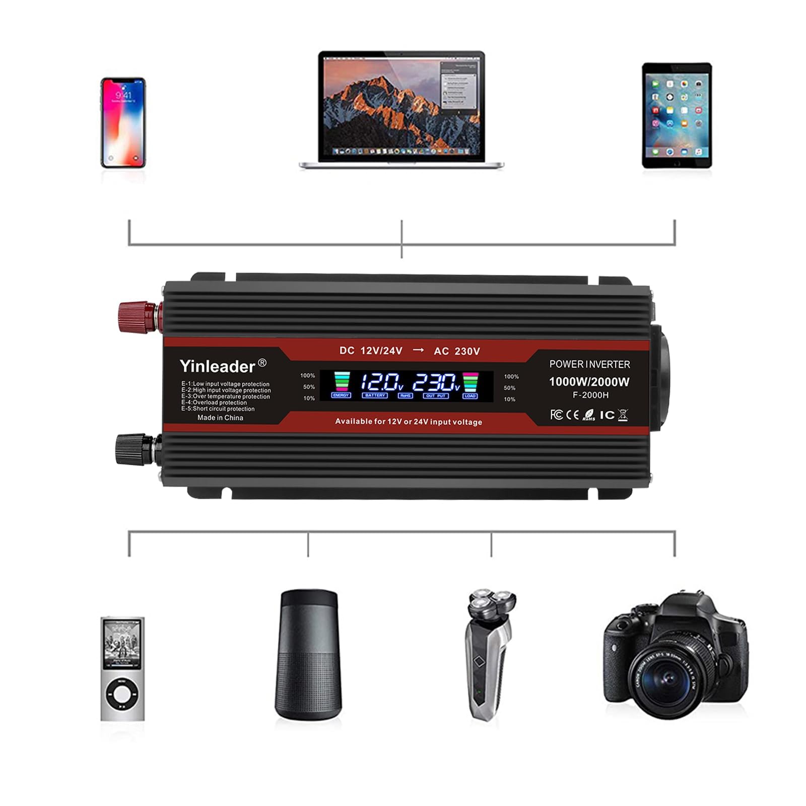 Yinleader Convertisseur 12V/24V vers 230V 1000W, Onduleur Auto-Détection