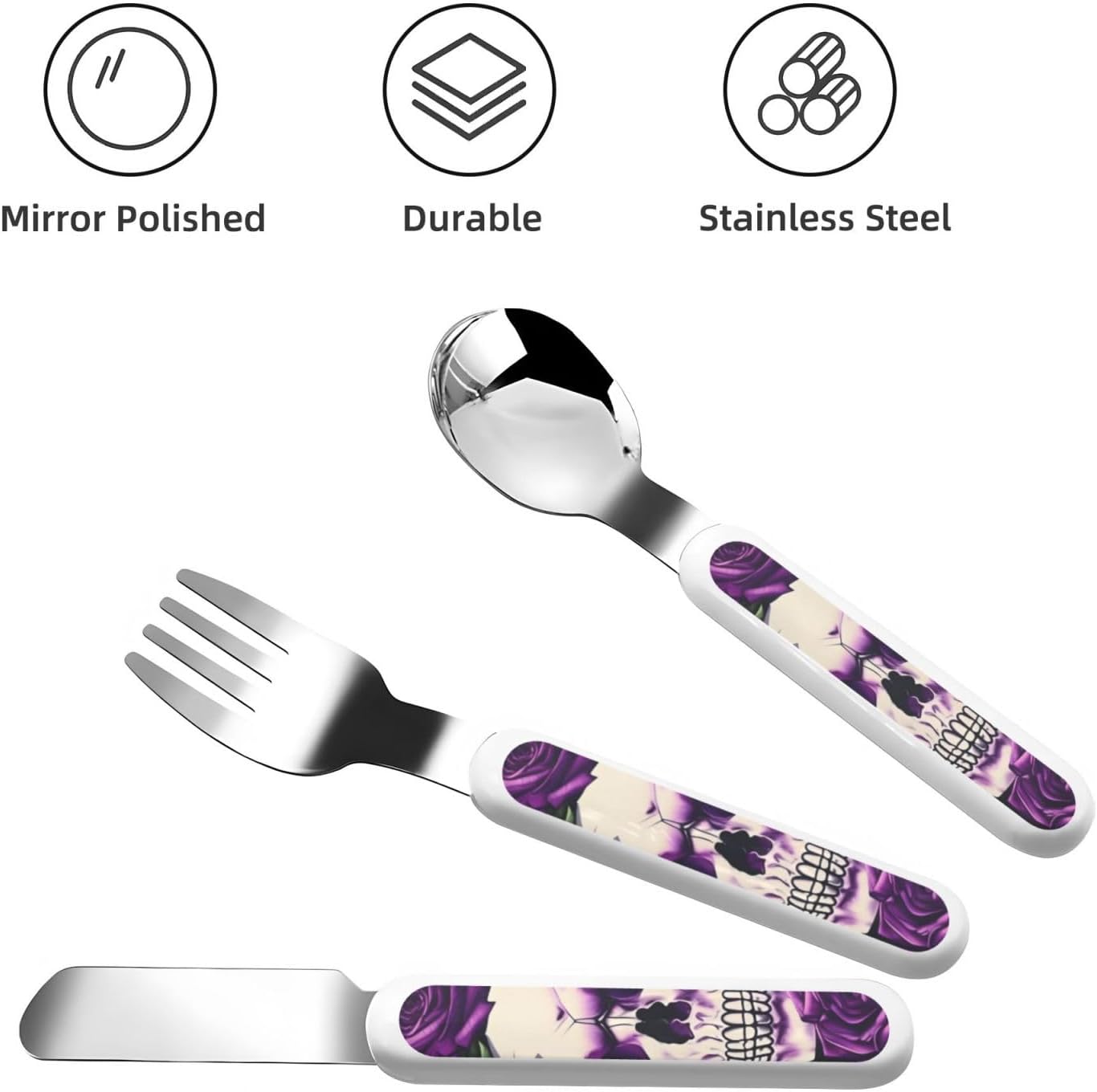 Many Purple Rose Skull Flatware 3 Pieces Set For Dinners, Stainless Steel Cutlery, Forks, Dinner Knife, Dinner Spoon