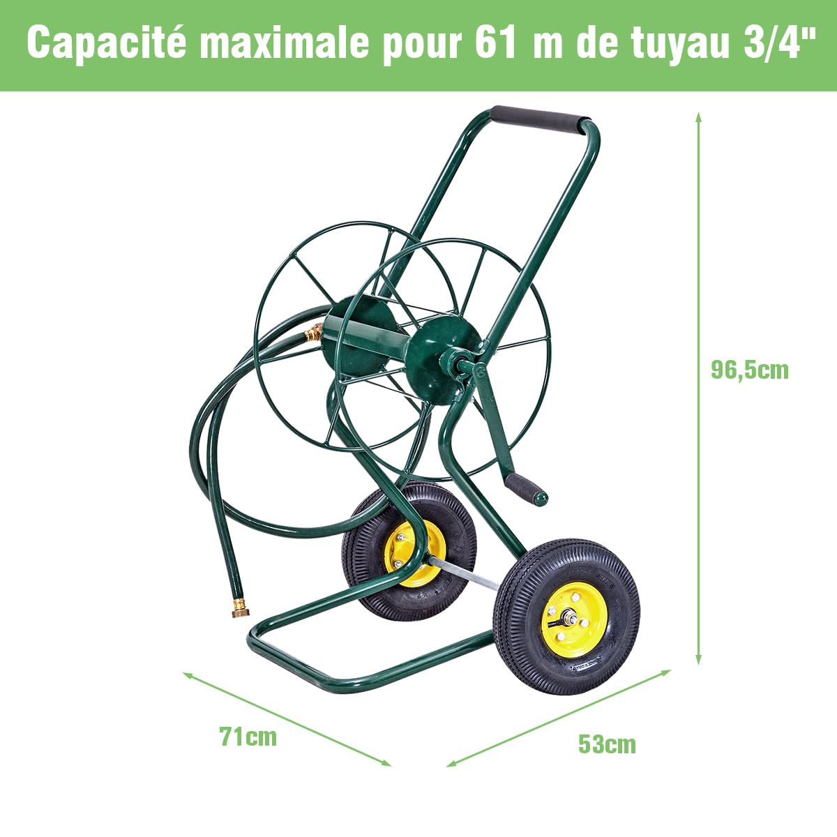COSTWAY Chariot Enrouleur de Tuyau de Jardin avec 2 Roues Pneumatiques, Contenant 61M de Tuyau de 1,9 CM, Support de Stockage de Tuyau d'eau pour Plantation Jardinage, Vert