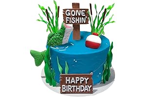 Gone Fishing Cake Topper with Happy Birthday Sign | for Fishing Birthday Decorations