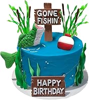 DiDida Fishing Cake Topper - Handmade Gone Fishin' Bass with Reeds, Happy Birthday Sign for Fishing Theme Cakes