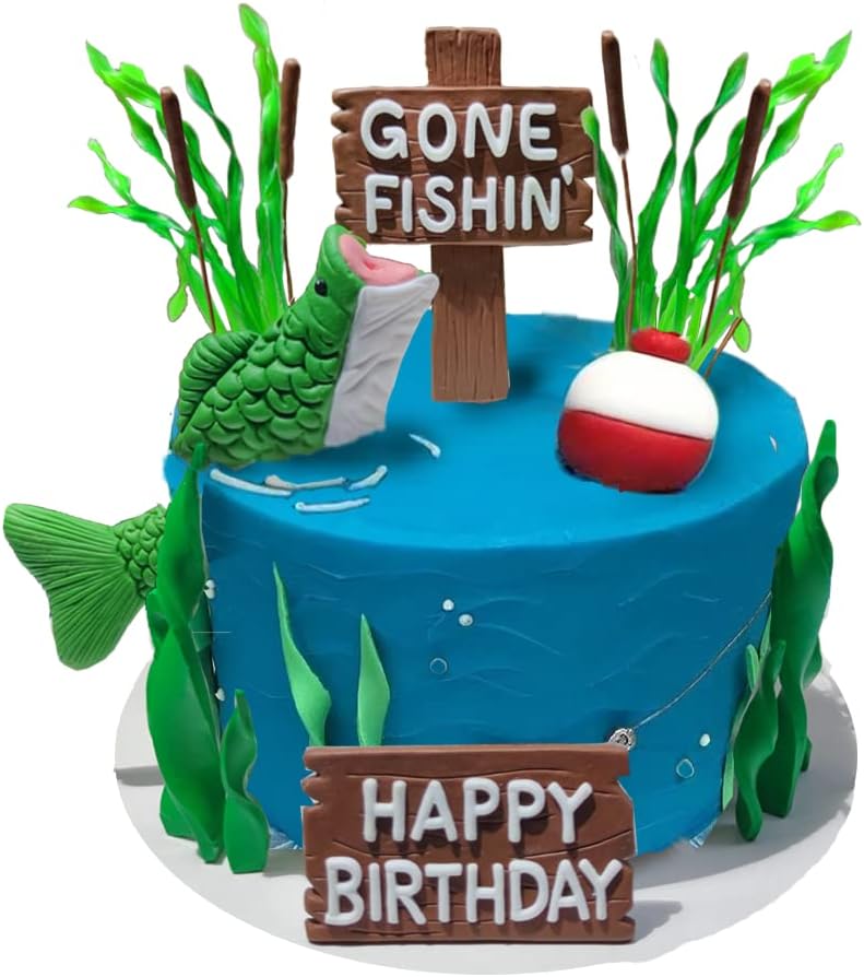 DiDida Fishing Cake Topper - Gone Fishing Cake with Bass, 7 Pieces, Colourful for Birthday