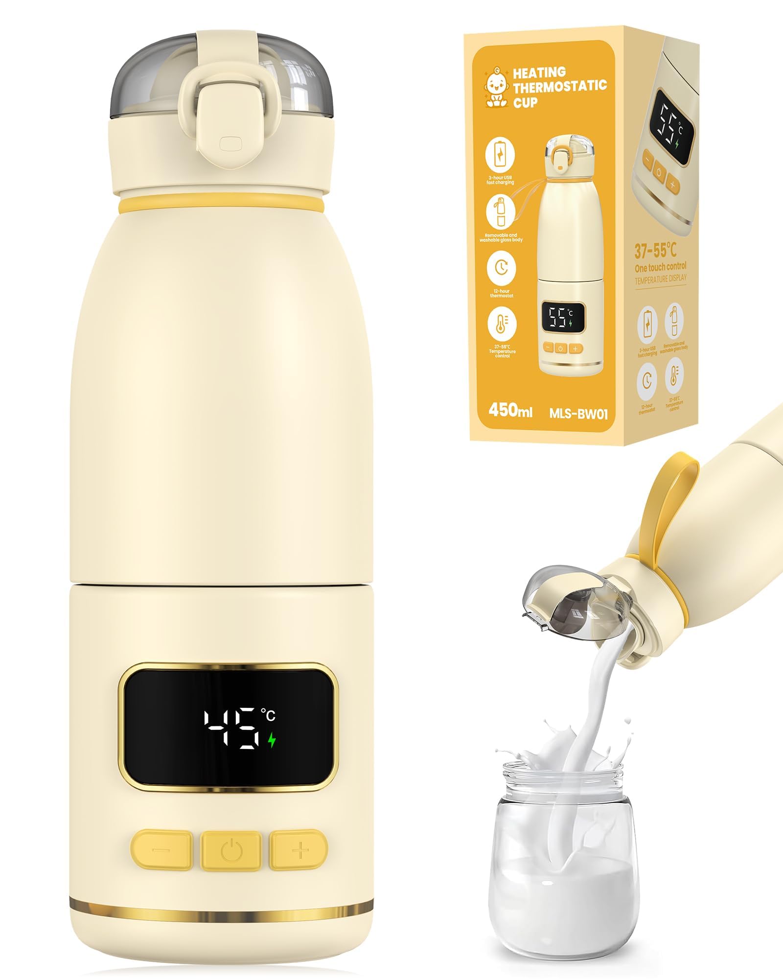 eSynic Portable 450ml Baby Bottle Warmer Fast 3-Minute Heating with Detachable Cup Milk Warmer Adjustable Temperature Control 15000mAh Rechargeable on the Go Bottle Warmer for Breastmilk & Formula