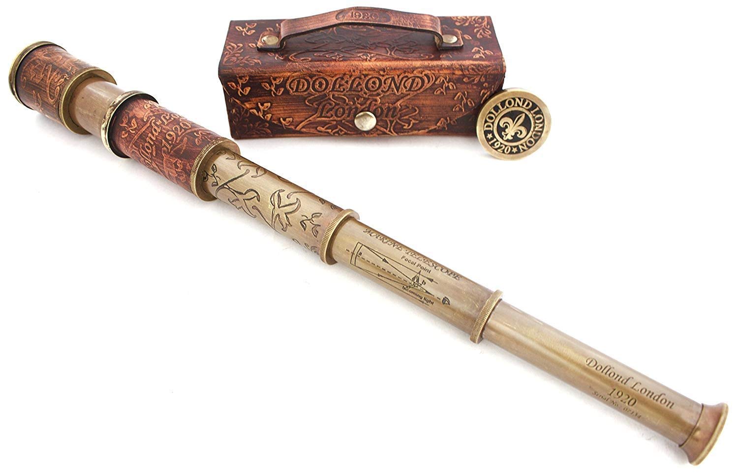 Telescopio da pirata in ottone con scatola in pelle, con cannocchiale in pelle, per marina Dolland, decorazione per la casa dei marinai, giocattolo per capitano dei pirati e barca, regalo