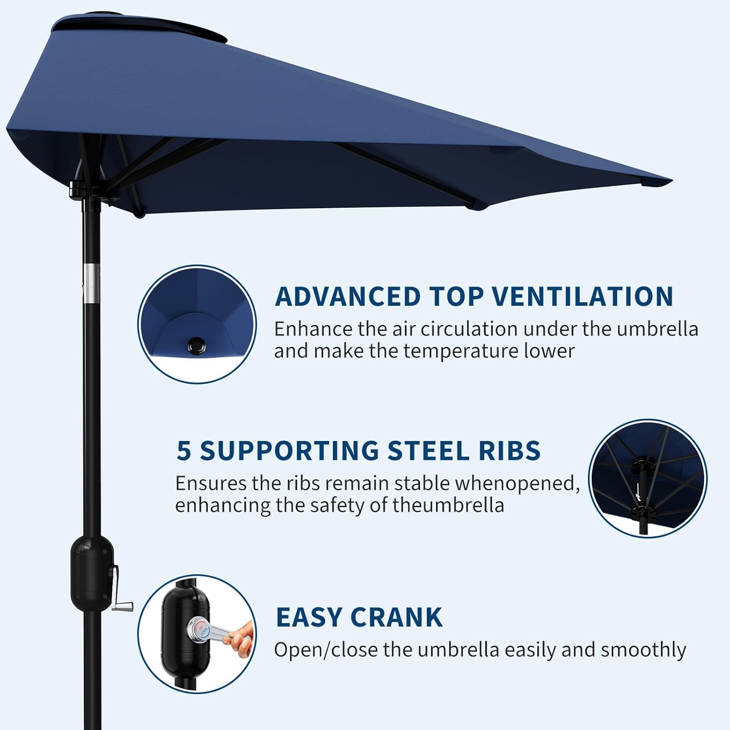 Garvee Patio Umbrella 9FT - Half Umbrella Outdoor with Smooth Crank Lift, Outdoor Shade Canopy for Patio, Backyard, Garden, Deck, Balcony -Navy Blue