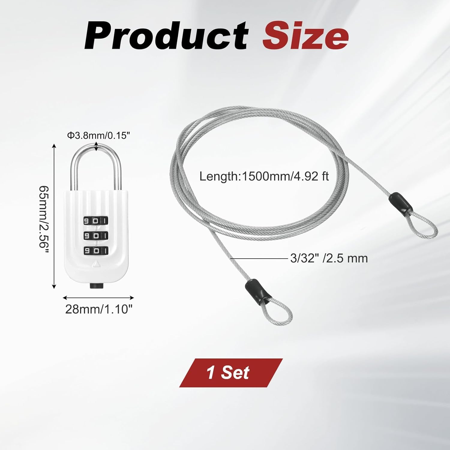 PATIKIL Security Cable with 3Digit Combination Lock, (4.92ft x 3/32", Silver), Braided Stainless Steel Safety Cable Wire Rope with Double Loop, Suit for Suitcase/Bicycle/Cabinets